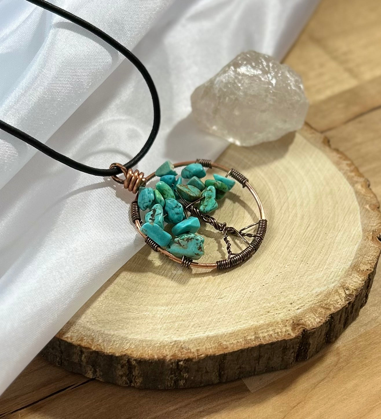 Turquoise Tree of Life Necklace - Copper Wire on Black Leather Cord