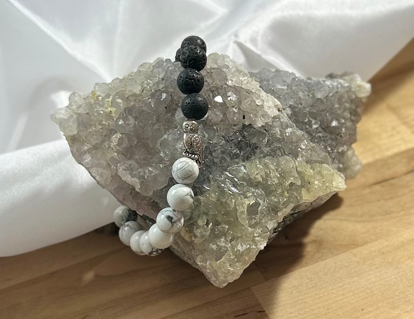Howlite and Lava Rock Bracelet with Owl Charm - 8mm
