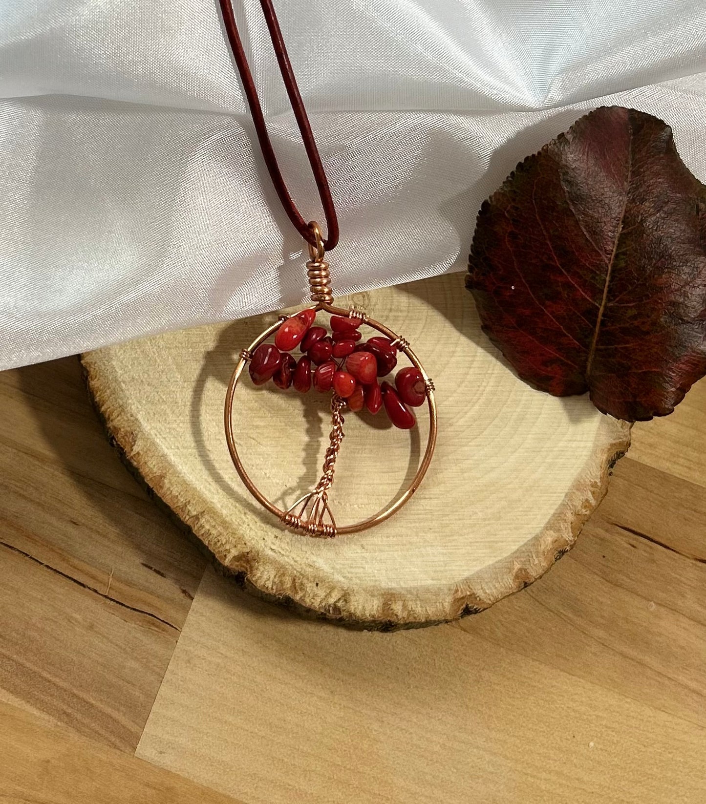 Red Jasper Tree of Life Necklace - Bronze Wire Pendant on Red Leather Cord