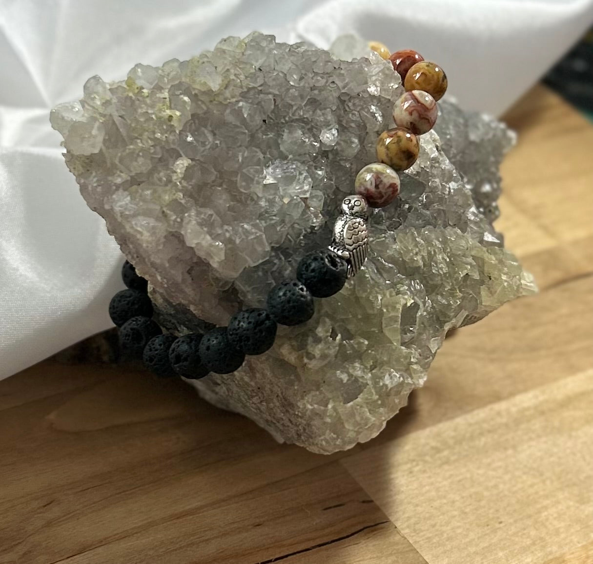 Jasper and Lava Rock Bracelet with Owl Charm - 8mm