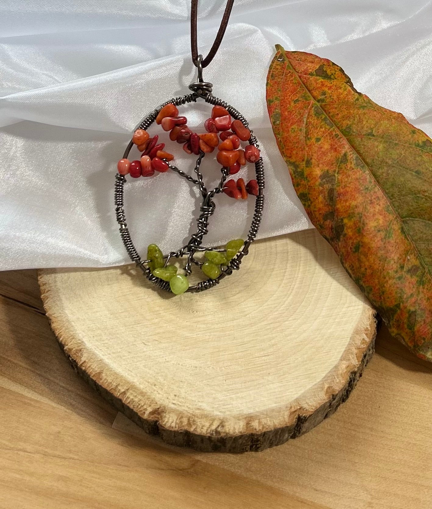 Red Jasper Tree of Life Necklace- Bronze Wire on Brown Leather Cord