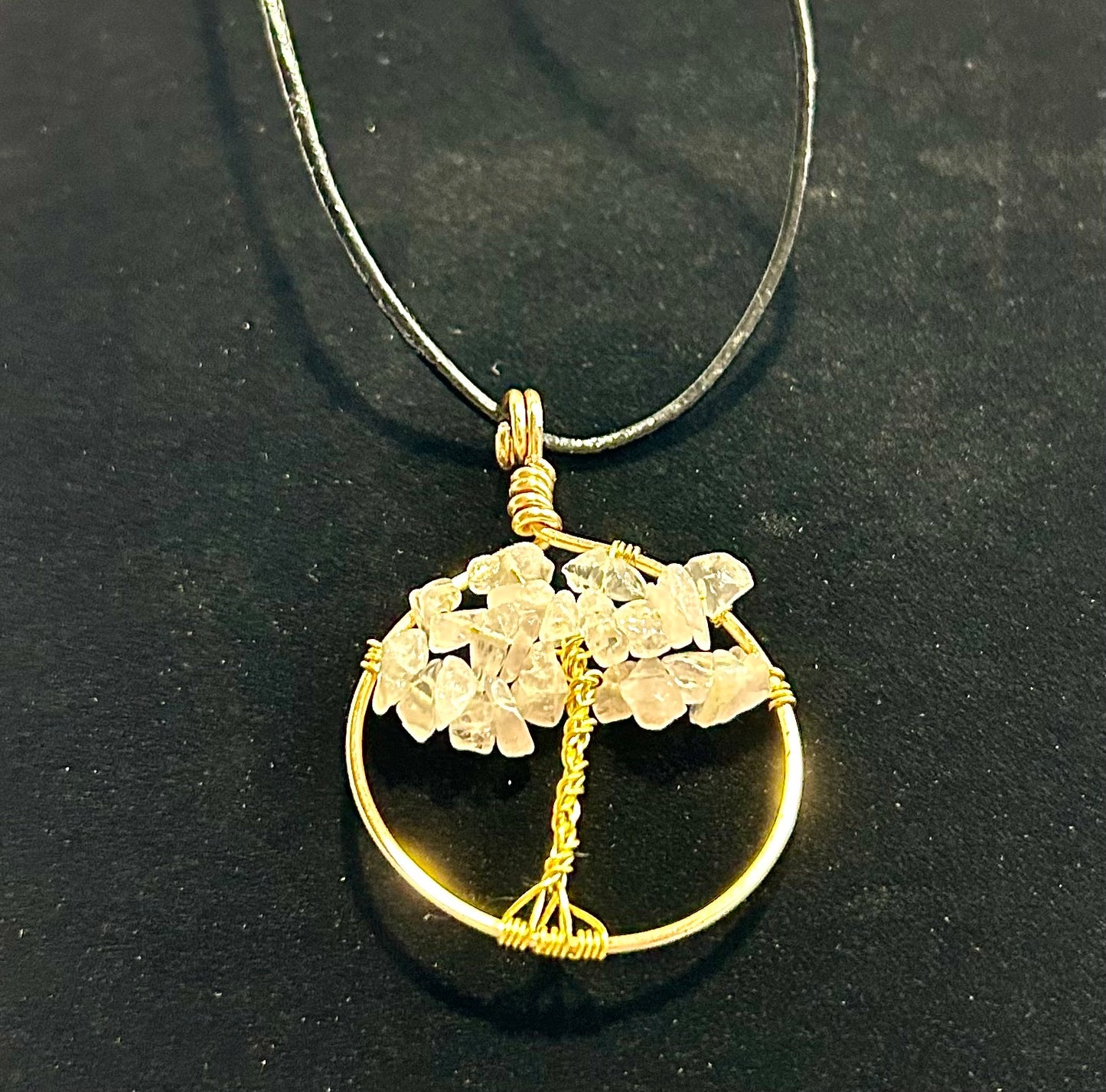 Rose Quartz Tree of Life - Gold Wire on Black Leather Cord