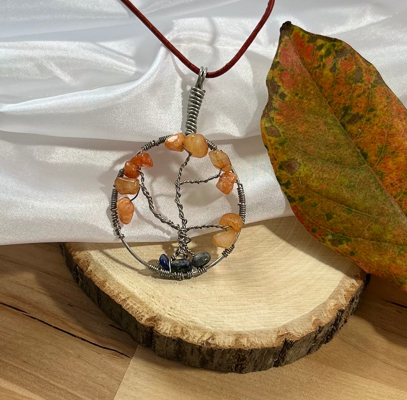 Carnelian Tree of Life Necklace - Silver Wire on Red Leather Cord