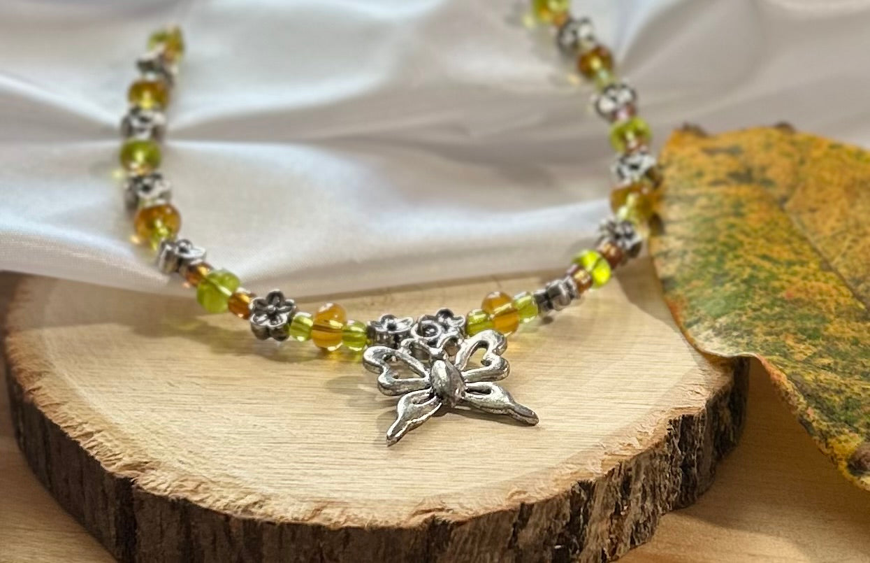 Green & Brown Beaded Choker with Butterfly Charm