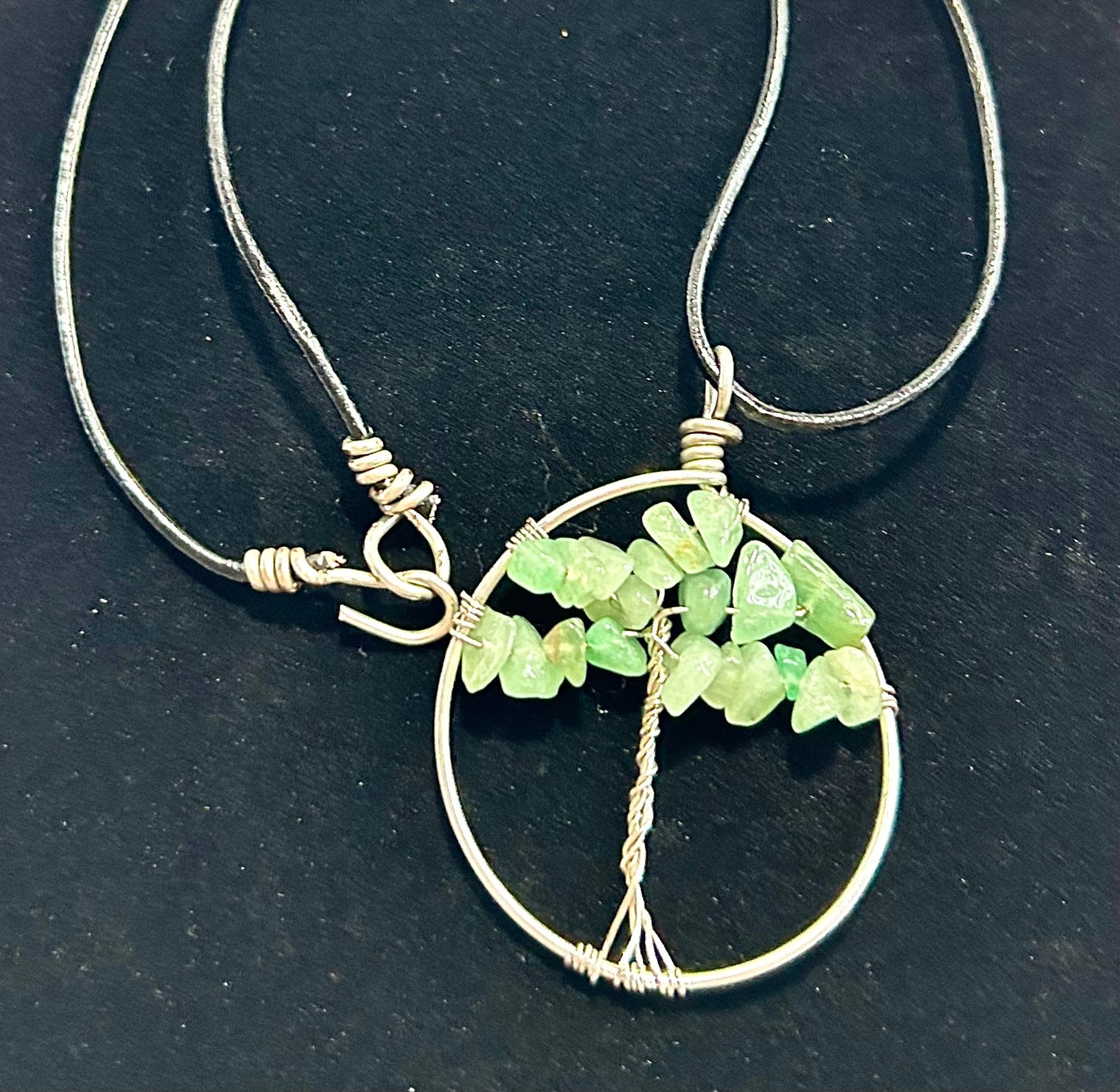 Green Aventurine Tree of Life - Silver Wire on Black Leather Cord