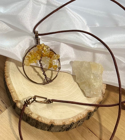 Citrine Tree of Life Necklace - Bronze Wire on Brown Leather Cord