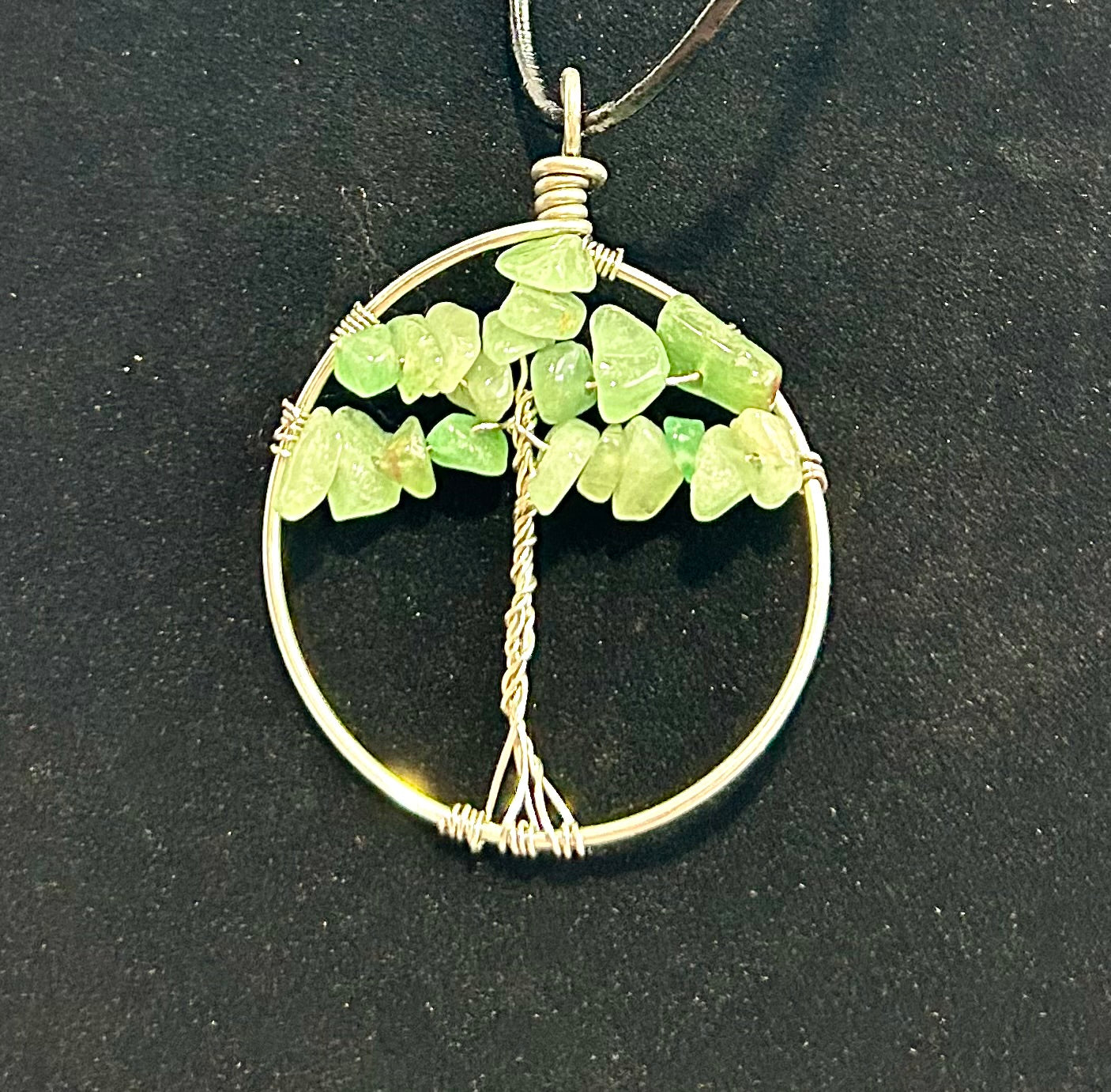 Green Aventurine Tree of Life - Silver Wire on Black Leather Cord