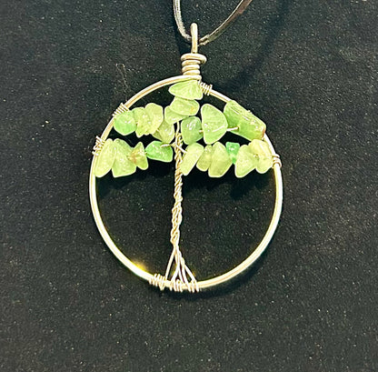 Green Aventurine Tree of Life - Silver Wire on Black Leather Cord