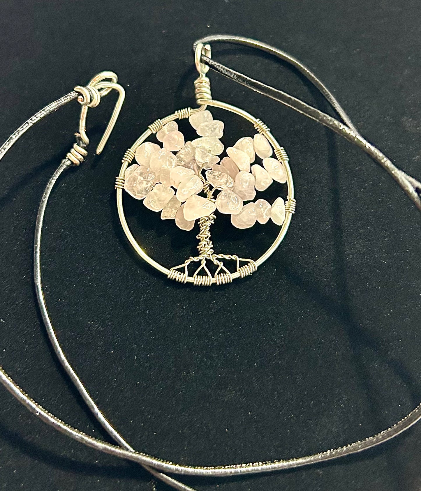 Rose Quartz Tree of Life - Silver Wire on Black Leather Cord