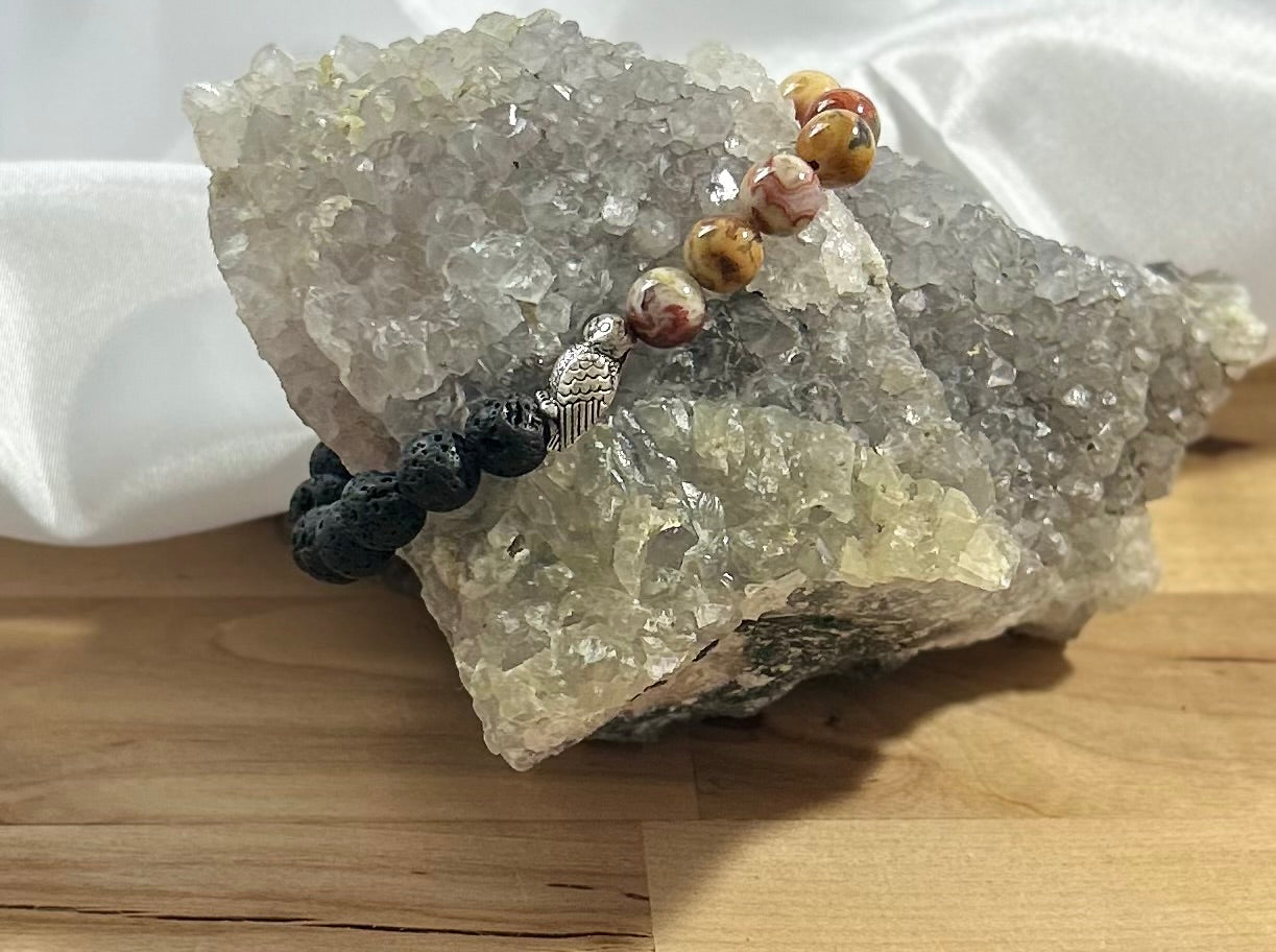 Jasper and Lava Rock Bracelet with Owl Charm - 8mm