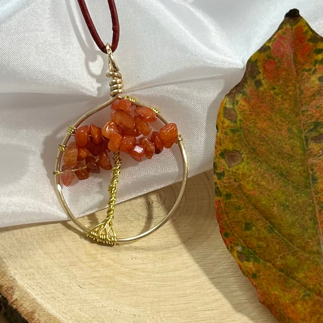 Carnelian Tree of Life Necklace - Gold Wire on Red Leather Cord