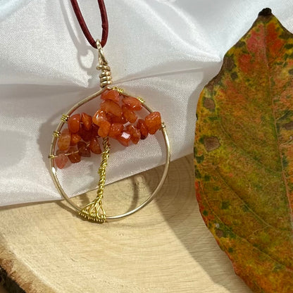 Carnelian Tree of Life Necklace - Gold Wire on Red Leather Cord