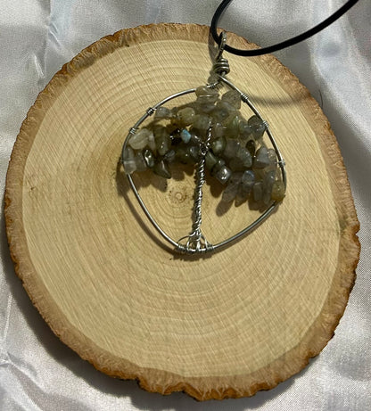 Smokey Quartz Tree of Life - Silver Wire on Black Leather Cord