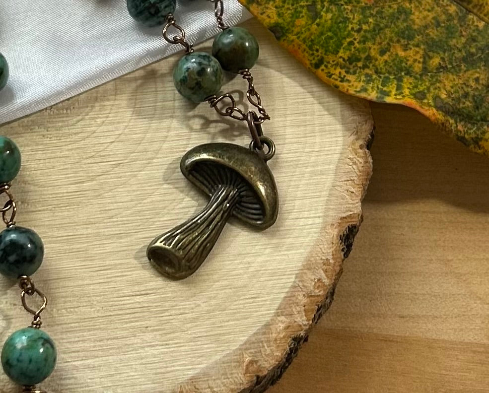 Chrysocolla Beaded Necklace With Bronze Mushroom Charm