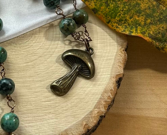 Chrysocolla Beaded Necklace With Bronze Mushroom Charm
