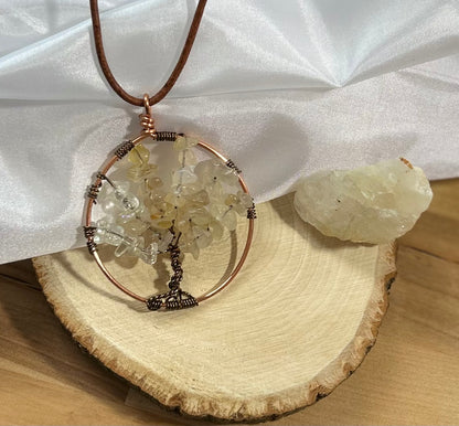 Citrine Tree of Life necklace - Copper Wire  on Brown Leather Cord
