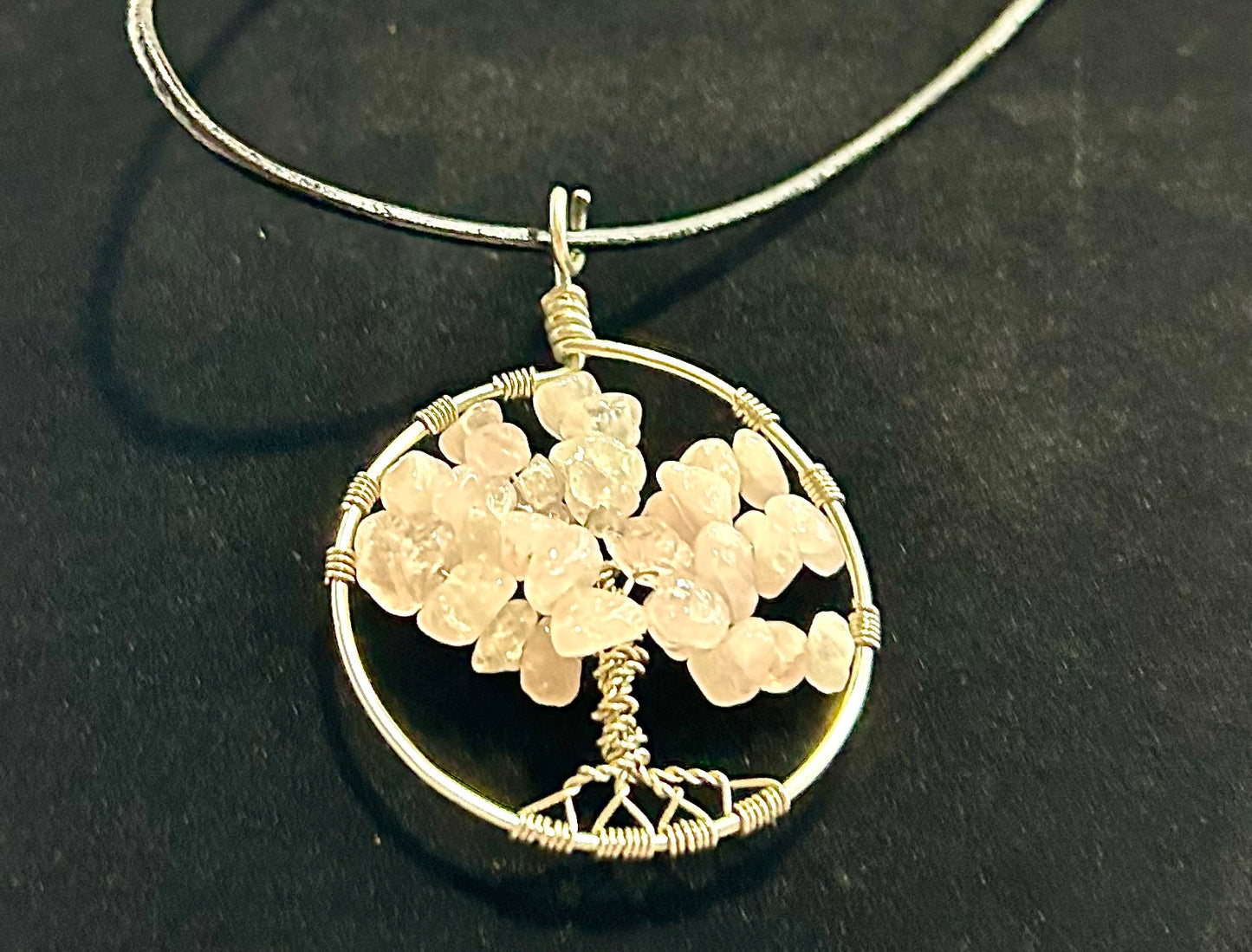 Rose Quartz Tree of Life - Silver Wire on Black Leather Cord
