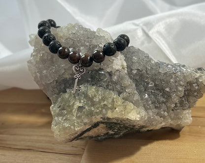 Tigers Eye and Lava Rock Bracelet with Key Charm - 8mm