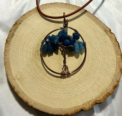 Kyanite Tree of Life - Bronze Wire on Black Leather Cord