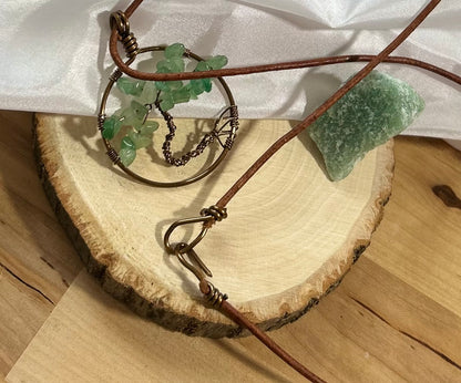 Green Aventurine Tree of Life Necklace - Bronze Wire on Brown Leather Cord