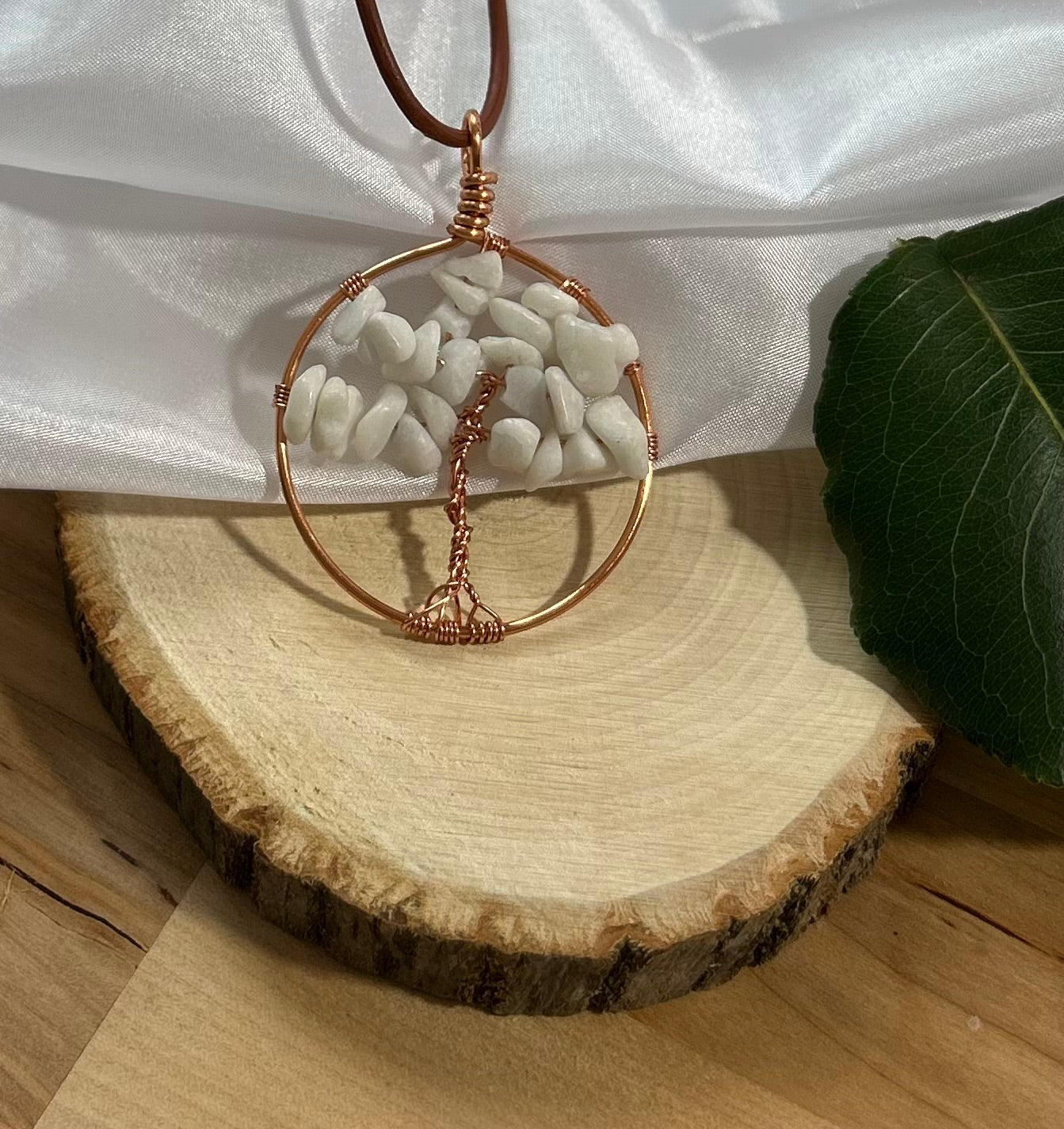 White Jade Tree of Life Necklace - Copper Wire Pendant on Brown Leather Cord
