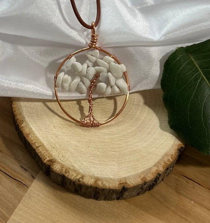 White Jade Tree of Life Necklace - Copper Wire Pendant on Brown Leather Cord