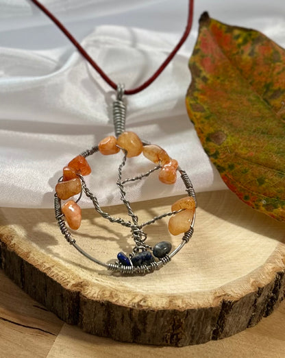 Carnelian Tree of Life Necklace - Silver Wire on Red Leather Cord