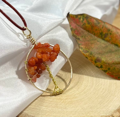 Carnelian Tree of Life Necklace - Gold Wire on Red Leather Cord