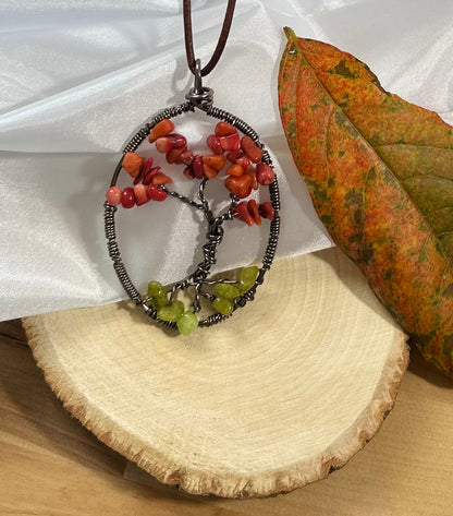 Red Jasper Tree of Life Necklace- Bronze Wire on Brown Leather Cord