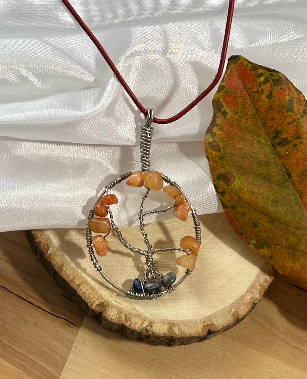 Carnelian Tree of Life Necklace - Silver Wire on Red Leather Cord