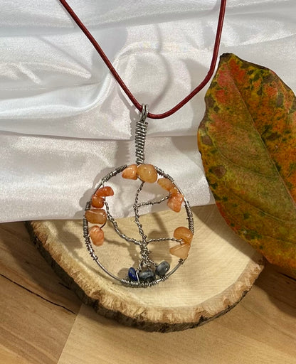 Carnelian Tree of Life Necklace - Silver Wire on Red Leather Cord