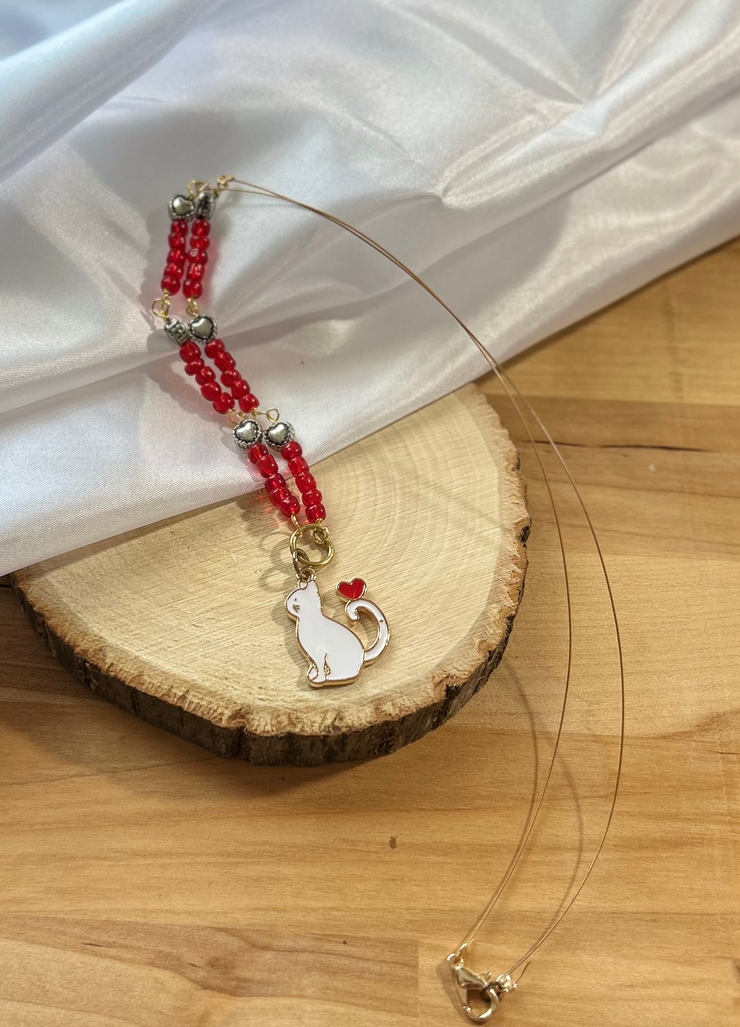 Red Beaded Cat Necklace