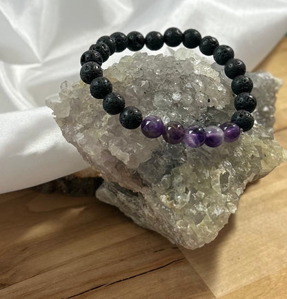 5 Amethyst Stones and Lava Rock Bracelet - 8mm