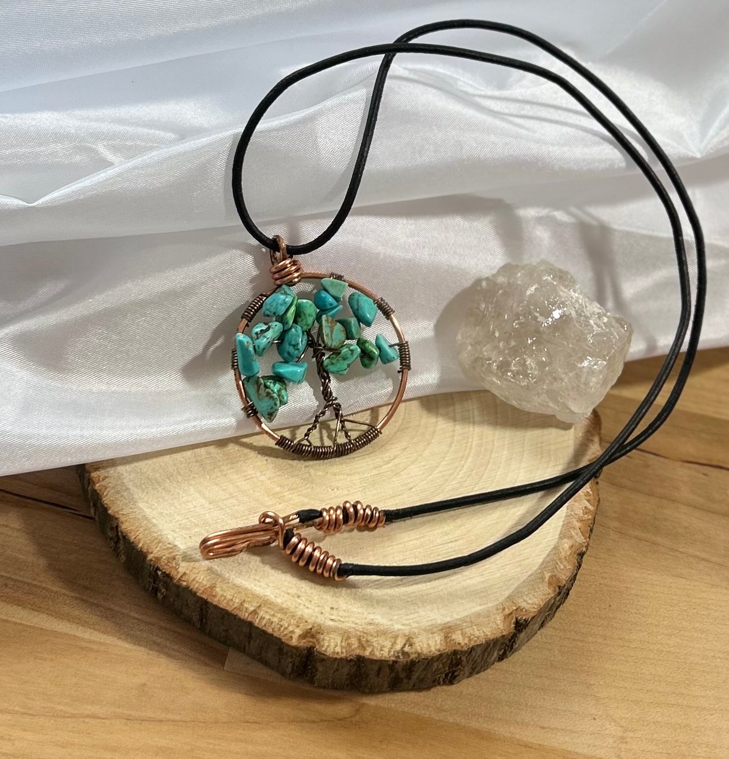 Turquoise Tree of Life Necklace - Copper Wire on Black Leather Cord