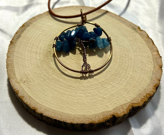 Kyanite Tree of Life - Bronze Wire on Black Leather Cord