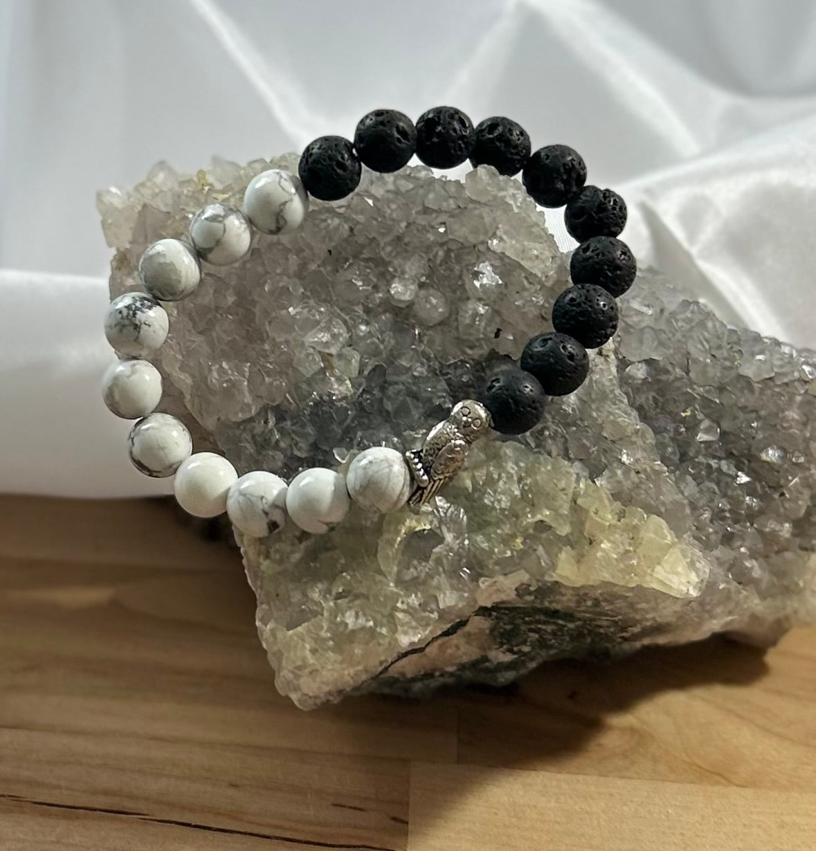 Howlite and Lava Rock Bracelet with Owl Charm - 8mm
