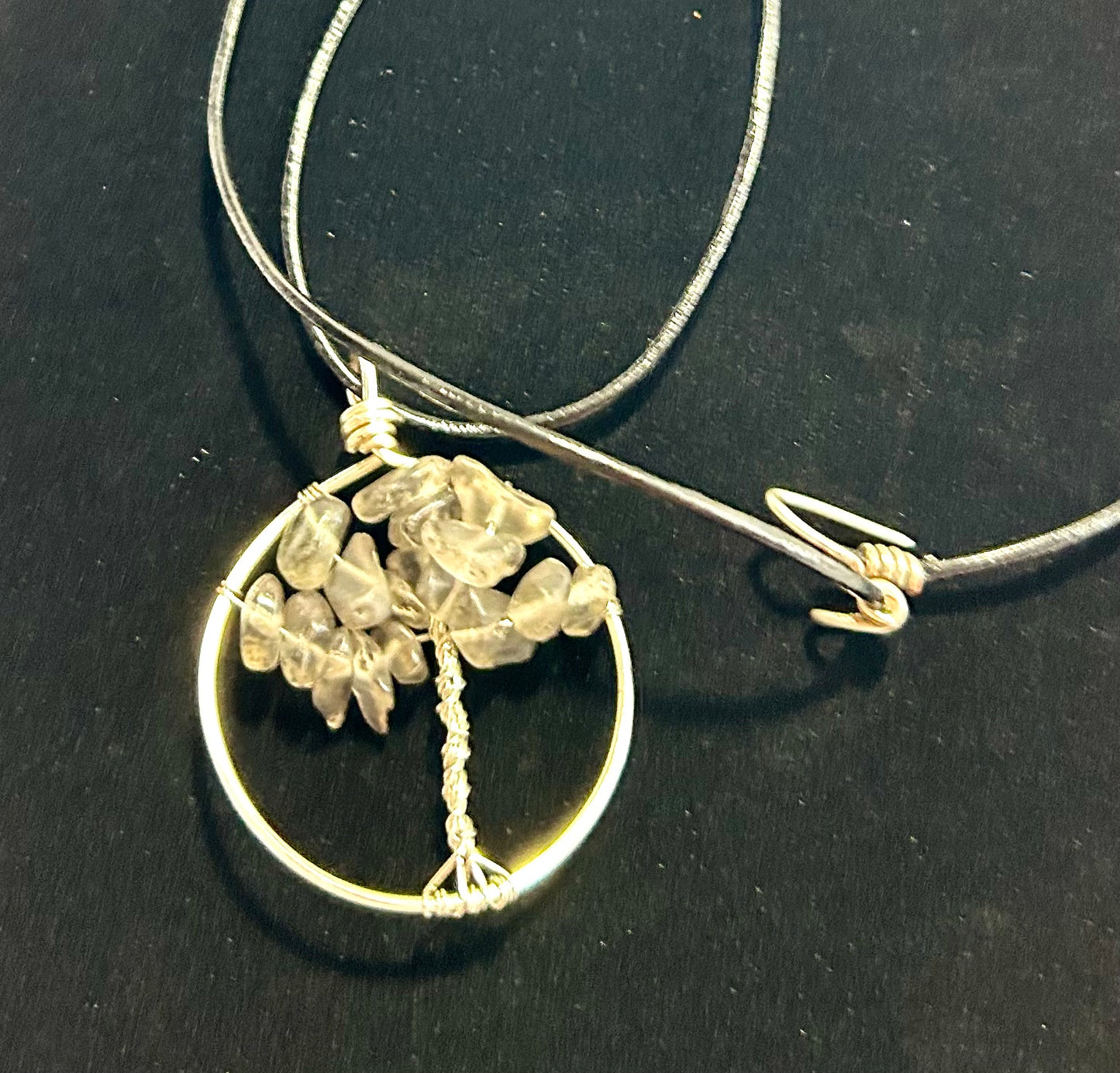Smokey Quartz Tree of Life - Silver Wire on Back Leather Cord