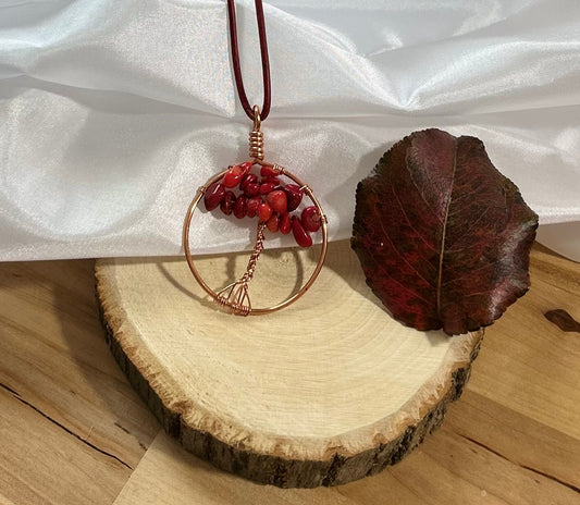Red Jasper Tree of Life Necklace - Bronze Wire Pendant on Red Leather Cord