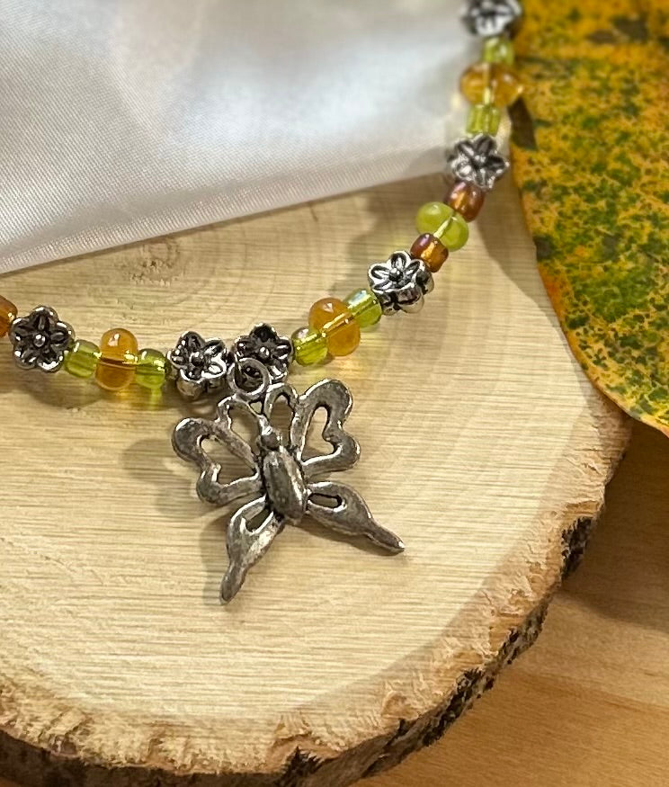 Green & Brown Beaded Choker with Butterfly Charm
