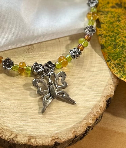 Green & Brown Beaded Choker with Butterfly Charm