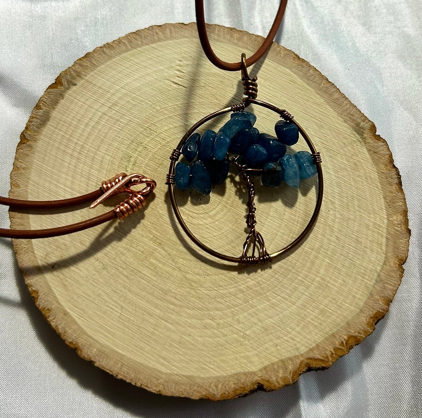 Kyanite Tree of Life - Bronze Wire on Black Leather Cord