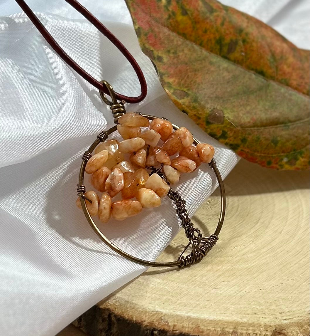 Carnelian Tree of Life Necklace - Bronze Wire on Red Leather Cord