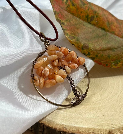 Carnelian Tree of Life Necklace - Bronze Wire on Red Leather Cord