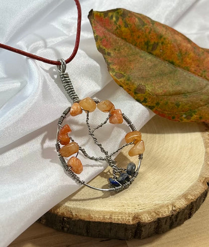 Carnelian Tree of Life Necklace - Silver Wire on Red Leather Cord