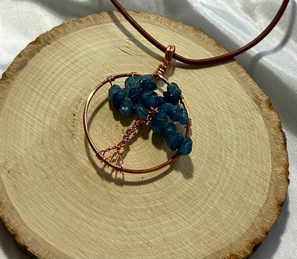 Kyanite Tree of Life - Copper Wire on Black Leather Cord