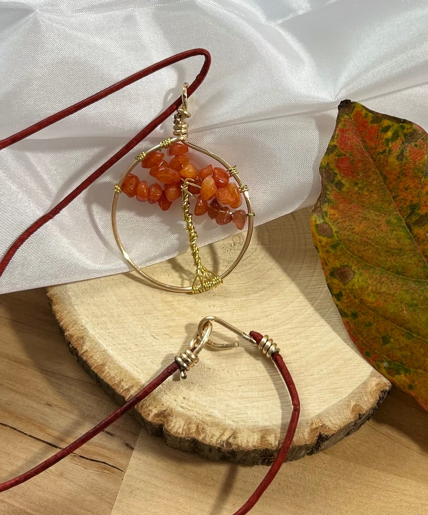 Carnelian Tree of Life Necklace - Gold Wire on Red Leather Cord