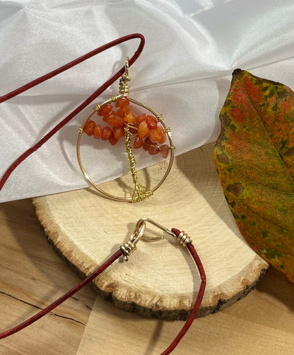 Carnelian Tree of Life Necklace - Gold Wire on Red Leather Cord
