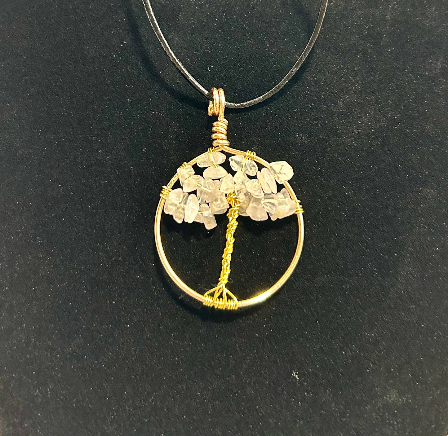 Rose Quartz Tree of Life - Gold Wire on Black Leather Cord