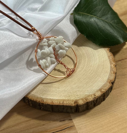White Jade Tree of Life Necklace - Copper Wire Pendant on Brown Leather Cord