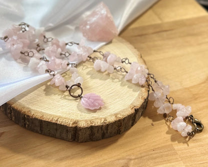 Rose Quartz Chip Necklace with Bronze Wire & Shell Charm